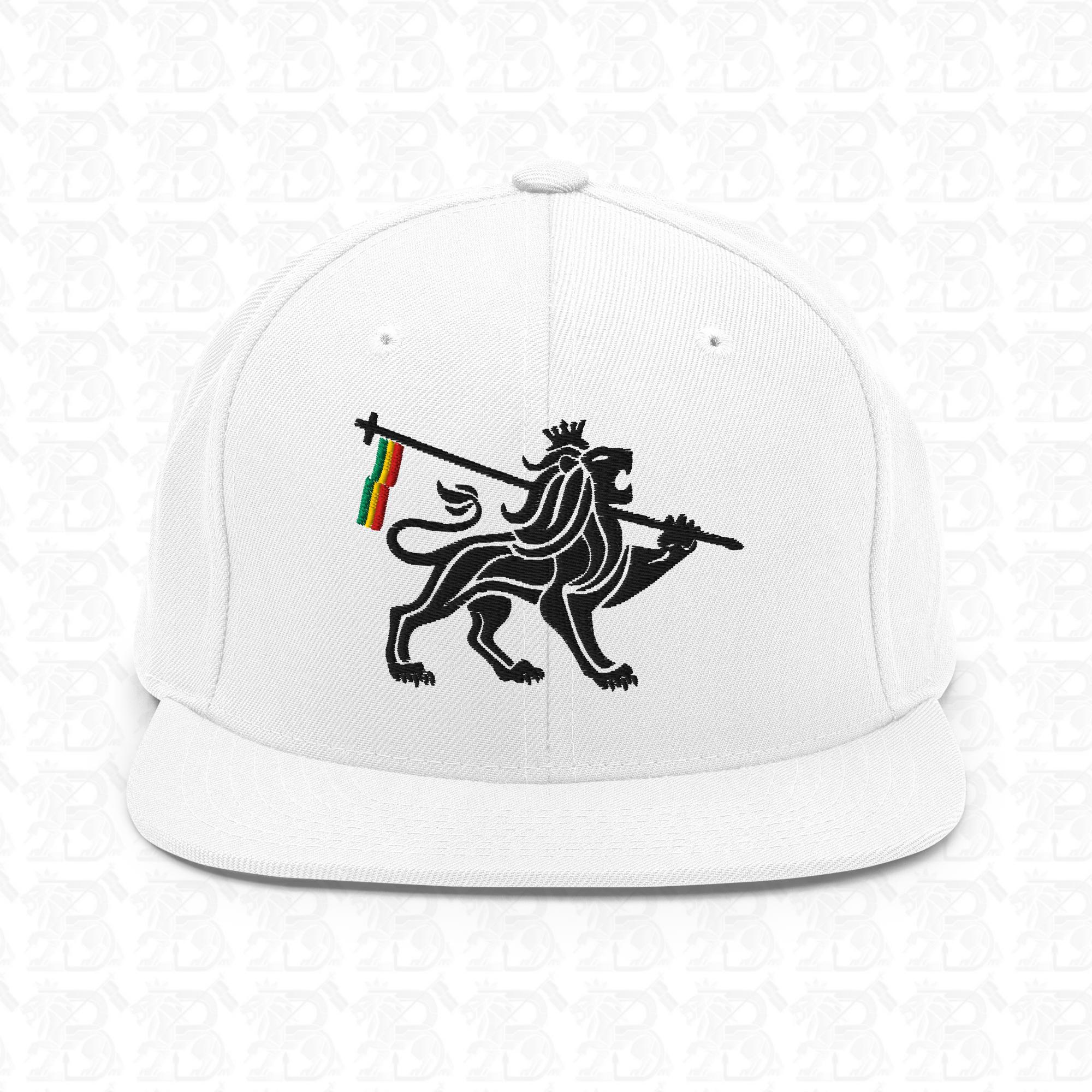 Lion of Judah Emblem Black Embroidered Snapback Hat, white front view