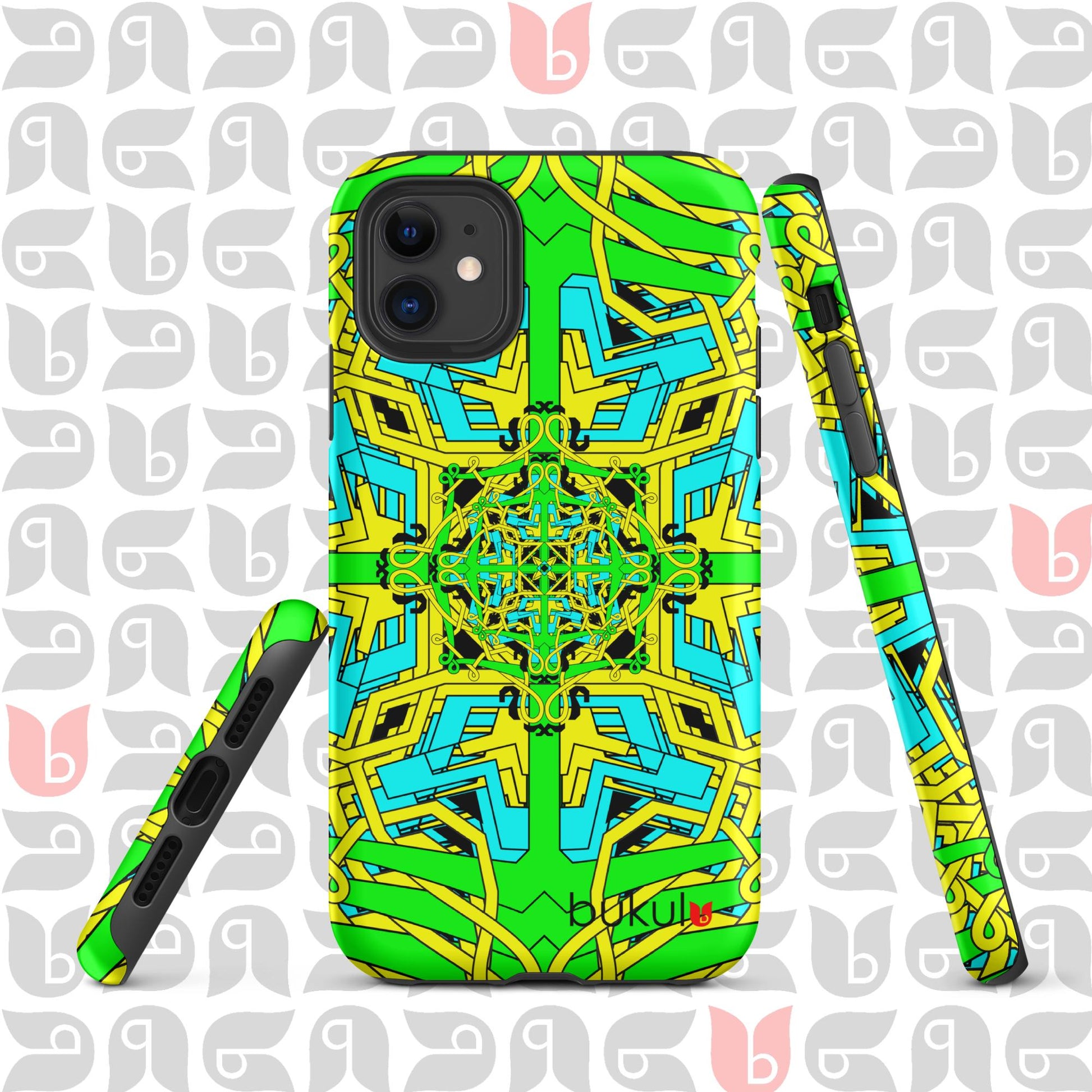 Geometric Tough Case for iPhone in Yellow-Green-Turquoise with Dual-Layer Protection