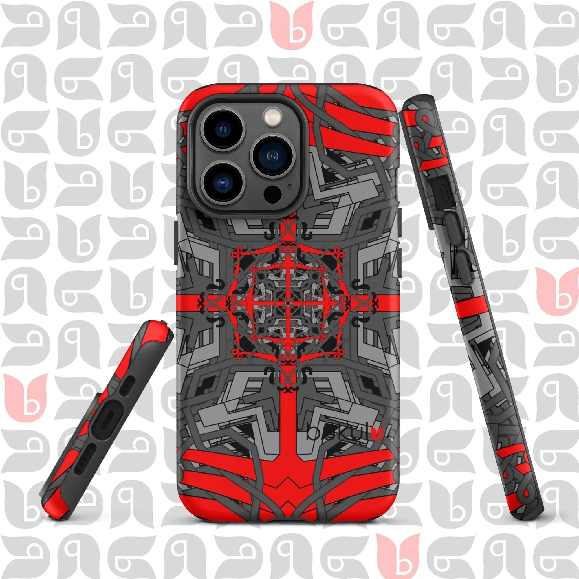 Geometric iPhone® Case Tough in Grey-Red-Black | Stylish Protection for Your Phone bukulu