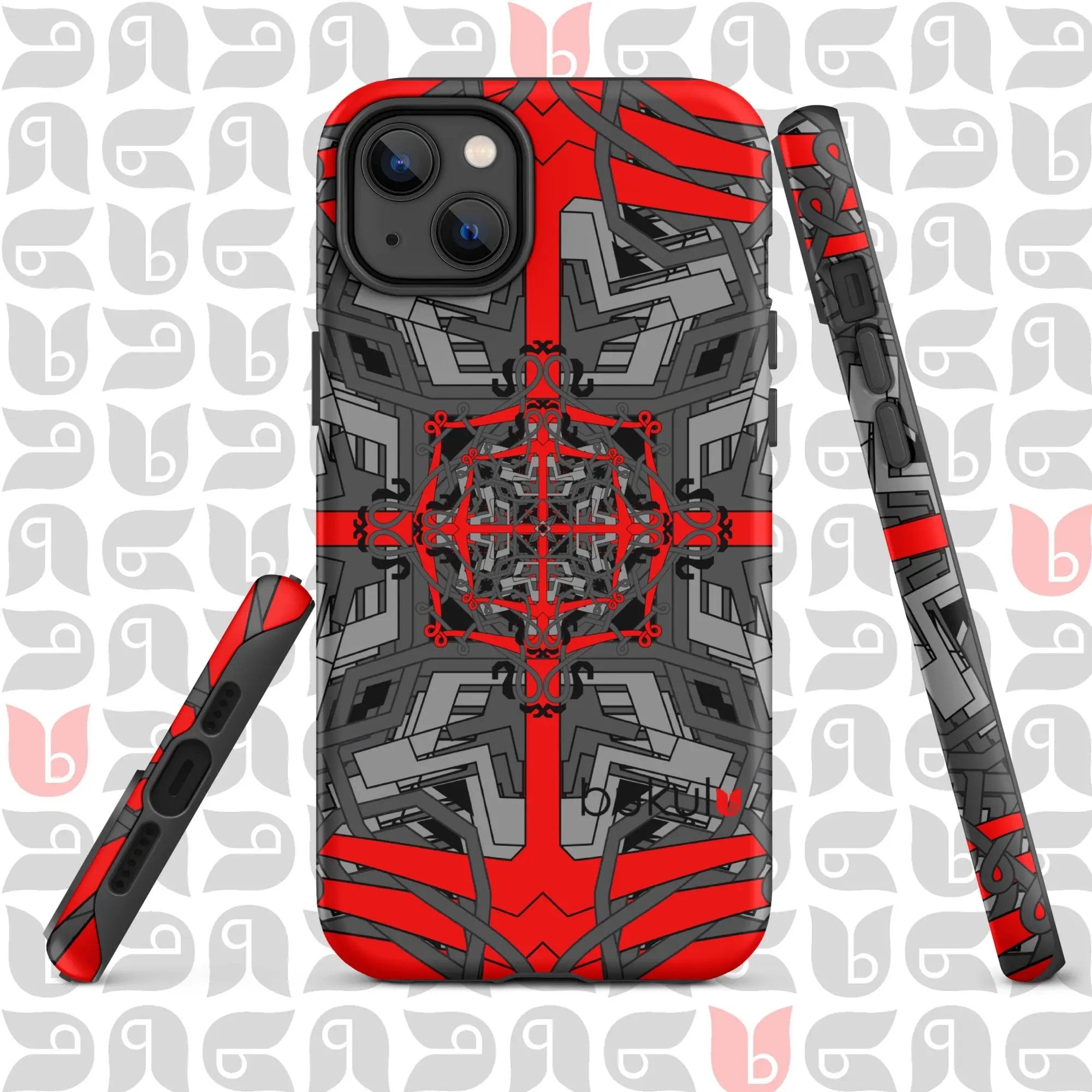 Geometric iPhone® Case Tough in Grey-Red-Black | Stylish Protection for Your Phone bukulu