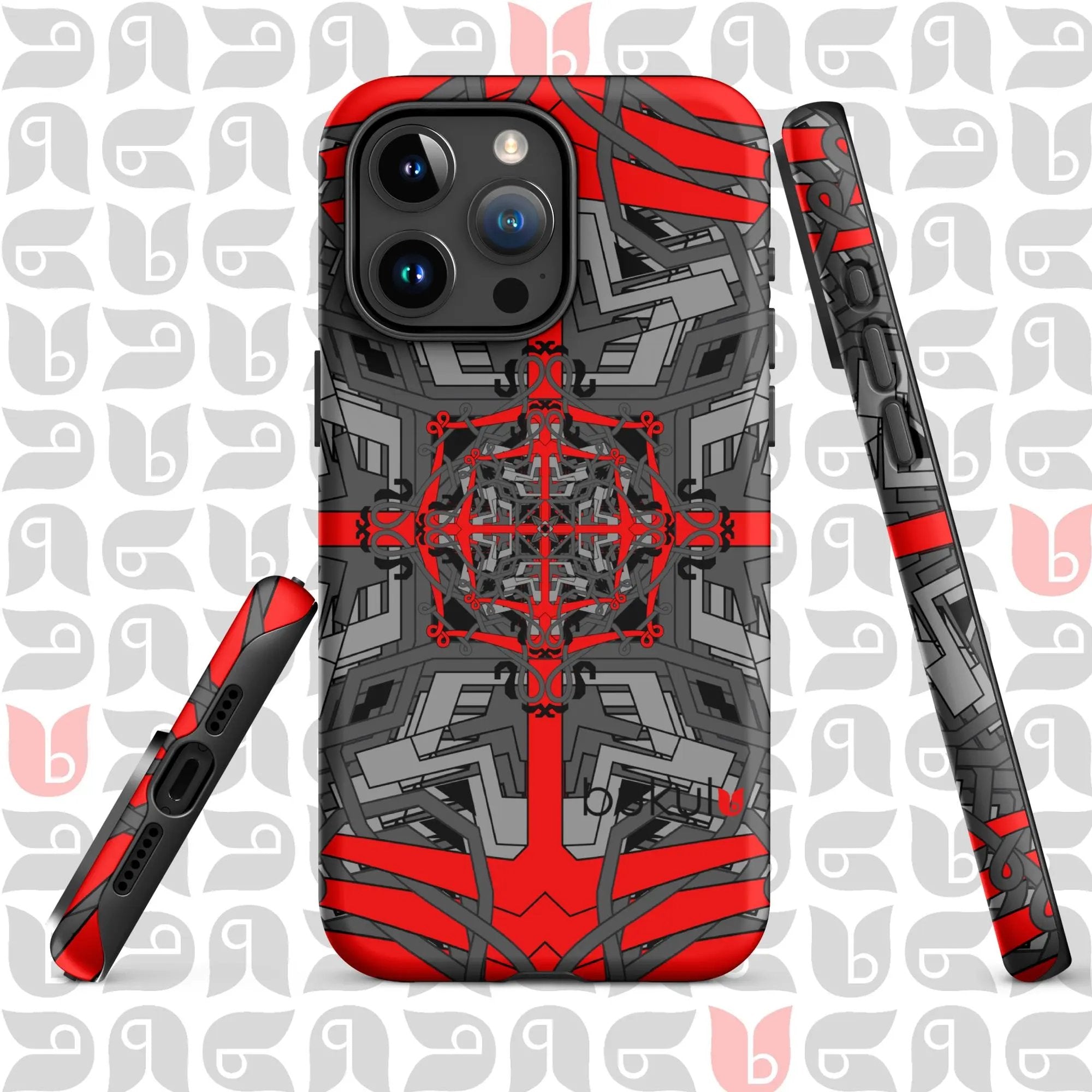 Geometric iPhone® Case Tough in Grey-Red-Black | Stylish Protection for Your Phone bukulu