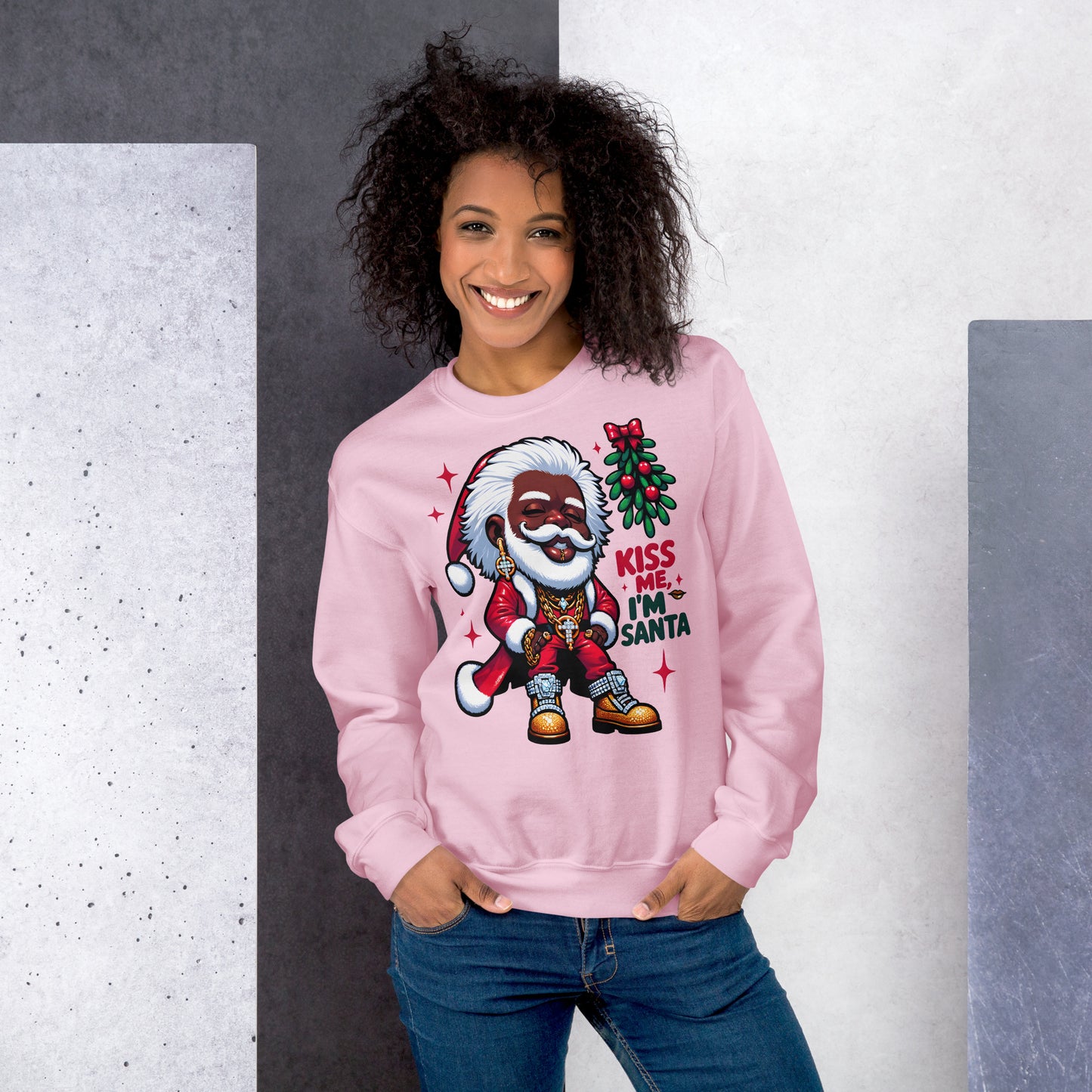 African-American Santa in Pimp-Style Sweatshirt Holiday Swag Santa: Stylish Mistletoe & Urban Fashion Sweatshirt, Kiss Me I'm Santa Sweater, | Unisex - bukulu