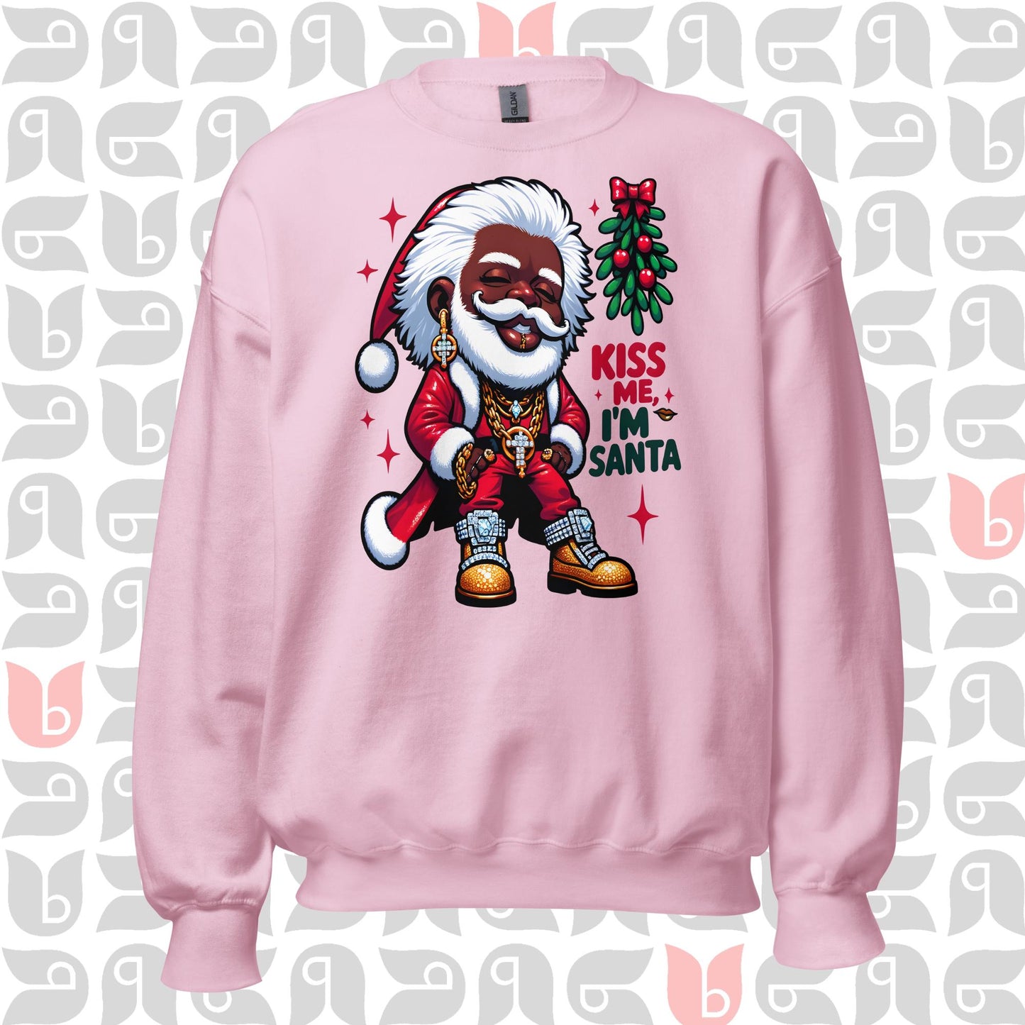 Pimp Style Santa Sweatshirt - 'Kiss Me I'm Santa' with Mistletoe, Unique African American Santa Design - Unisex