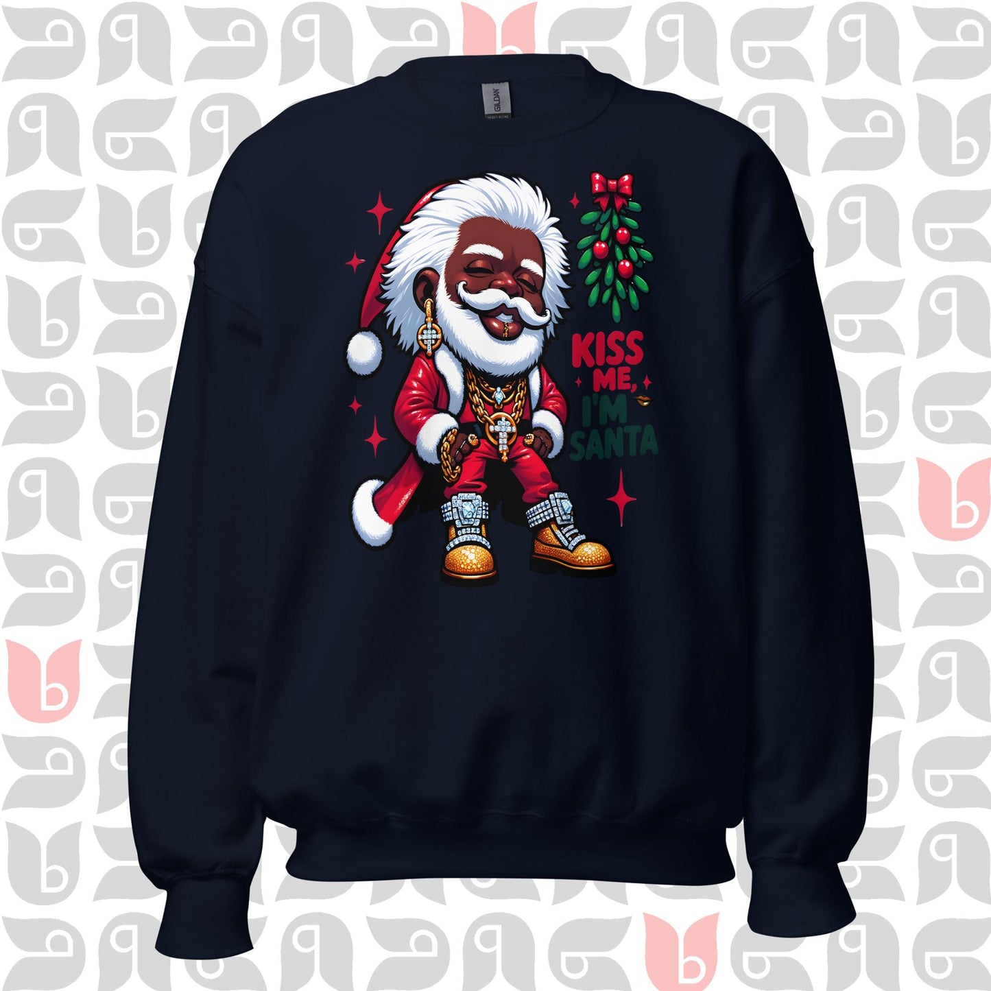 Pimp Style Santa Sweatshirt - 'Kiss Me I'm Santa' 🎅🏿💋 | African American Santa Design with Mistletoe | Unisex