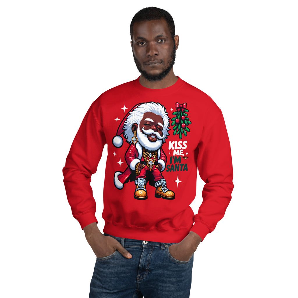 African-American Santa in Pimp-Style Sweatshirt Holiday Swag Santa: Stylish Mistletoe & Urban Fashion Sweatshirt, Kiss Me I'm Santa Sweater, | Unisex - bukulu