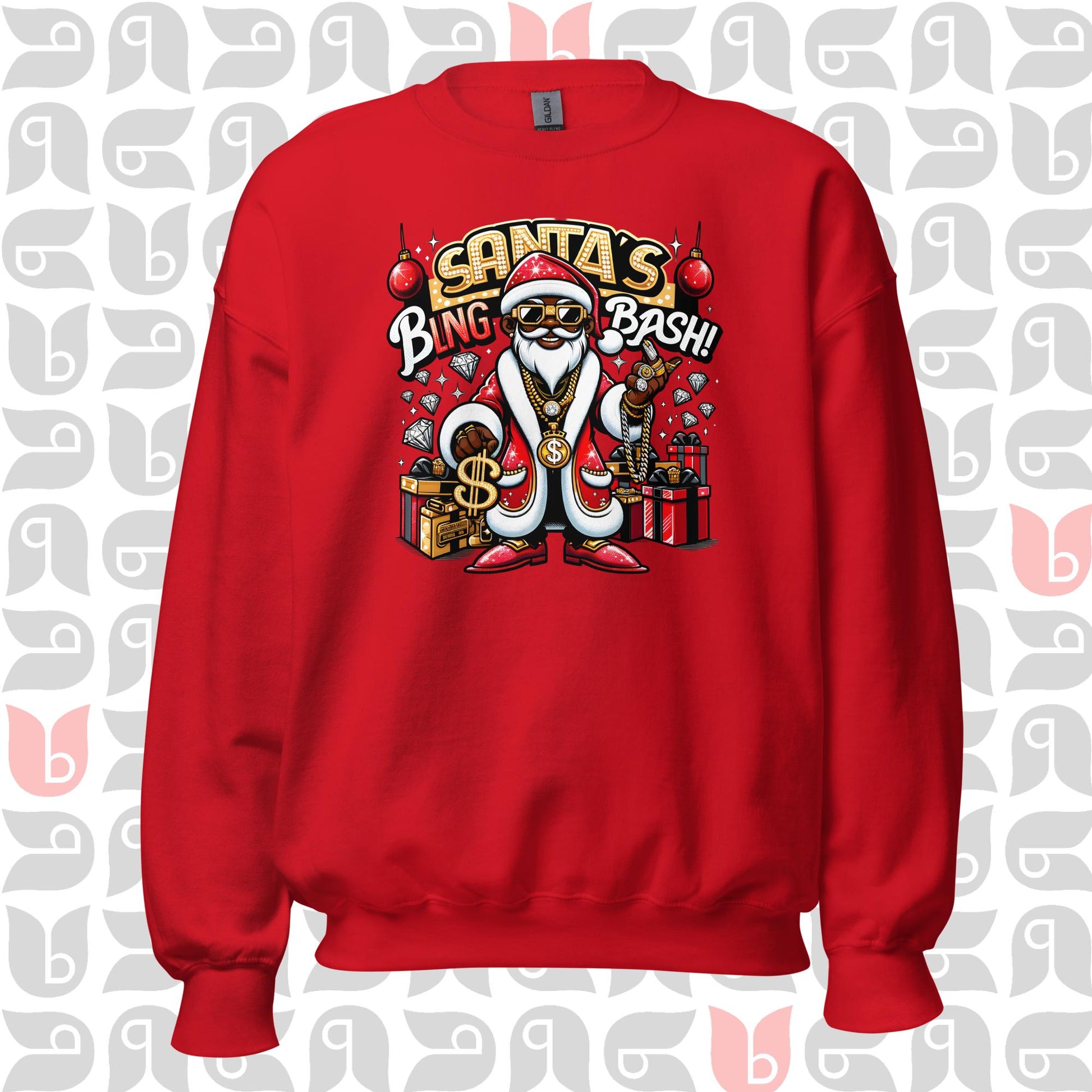 African-American Santa in Pimp-Style Sweatshirt, Black Santa's Bling Bash Festive Sweater, Unisex Holiday Apparel