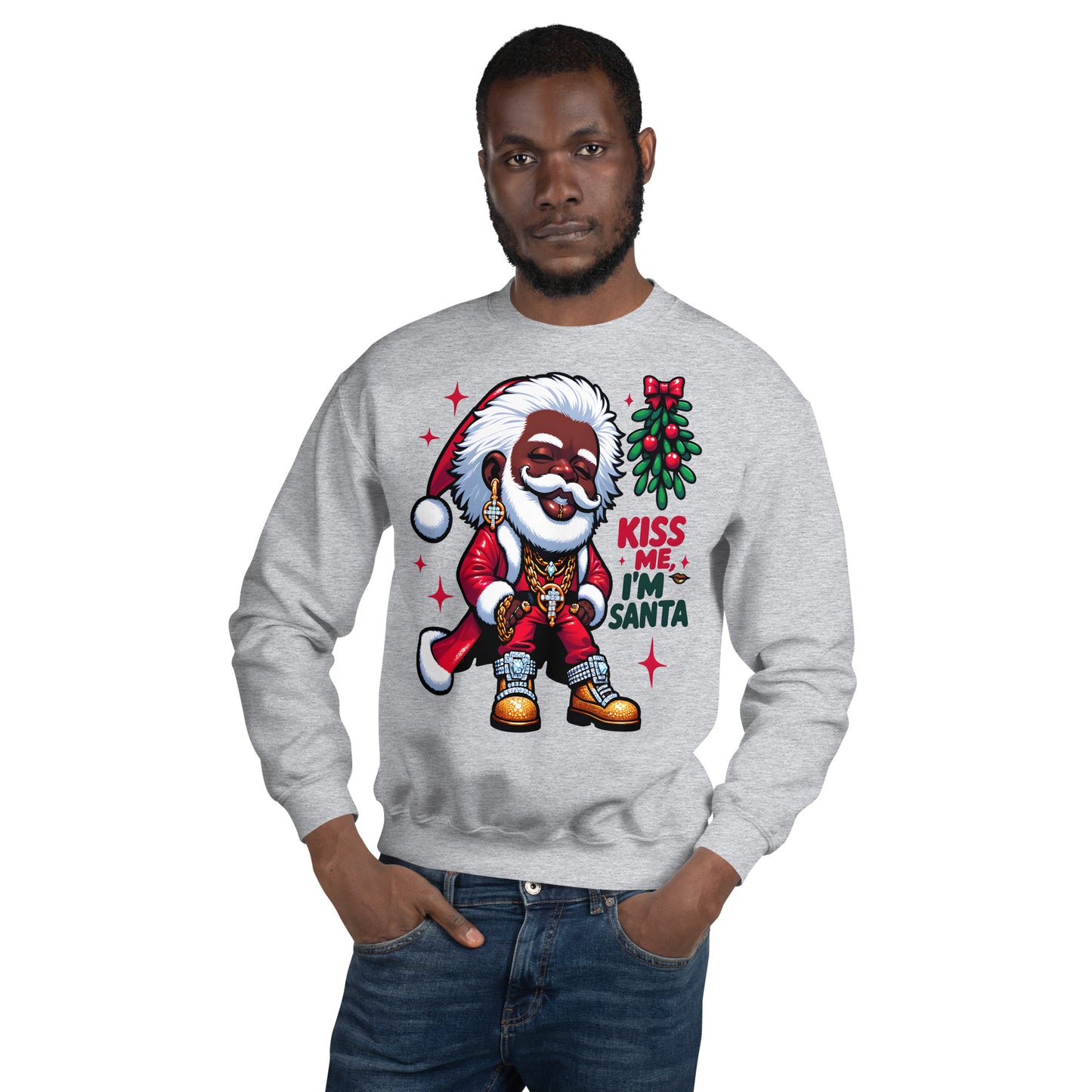 African-American Santa in Pimp-Style Sweatshirt Holiday Swag Santa: Stylish Mistletoe & Urban Fashion Sweatshirt, Kiss Me I'm Santa Sweater, | Unisex - bukulu