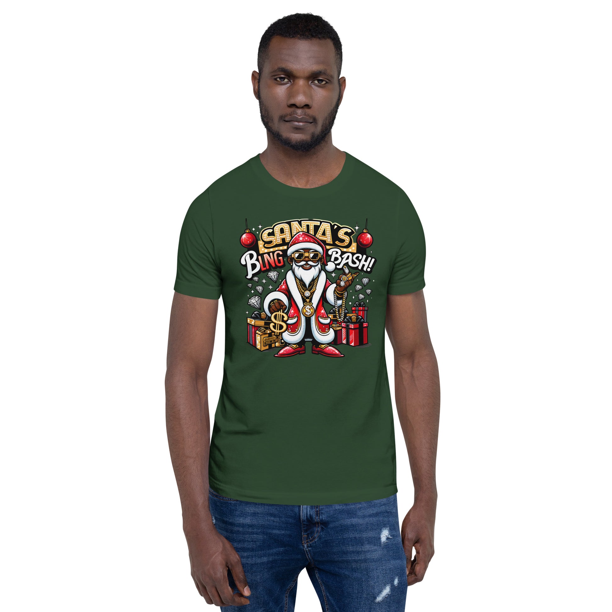 Santa's Bling Bash Festive Extravaganza, African-American Santa in Pimp-Style T-Shirt | Unisex - bukulu