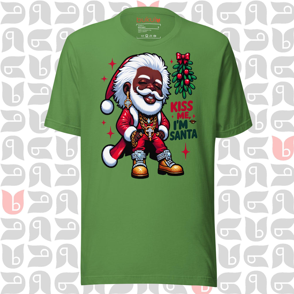 African American Santa Shirt in Pimp-Style, Kiss Me I'm Santa Mistletoe T-Shirt | Unisex