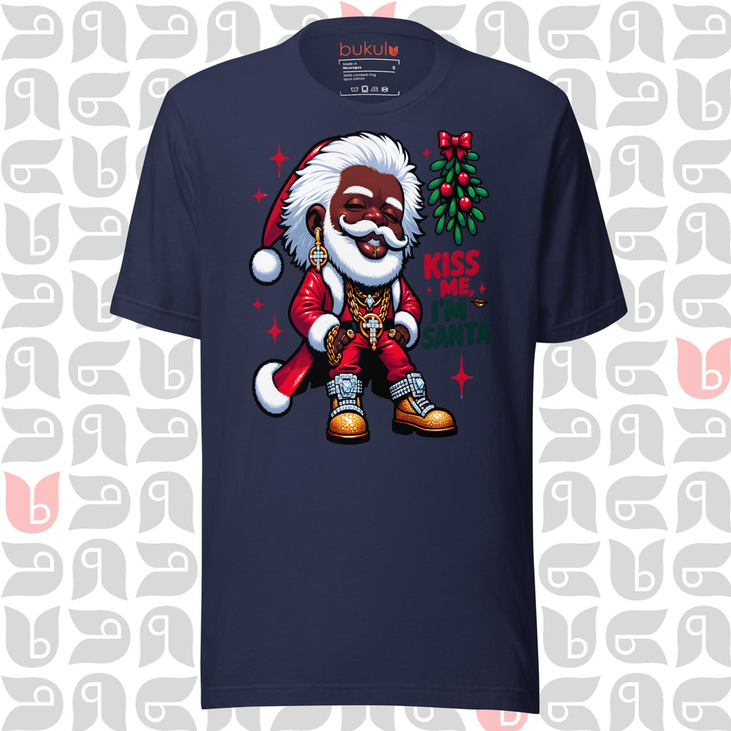 African American Santa Shirt in Pimp-Style, Kiss Me I'm Santa Mistletoe T-Shirt 🎅🏿💋 | Unisex
