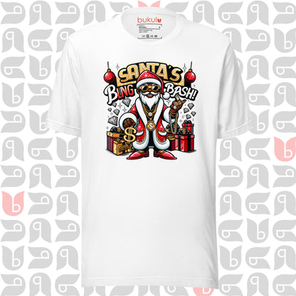 African-American Santa in Pimp-Style T-Shirt, Santa's Bling Bash Festive Tee, Unisex Holiday Apparel