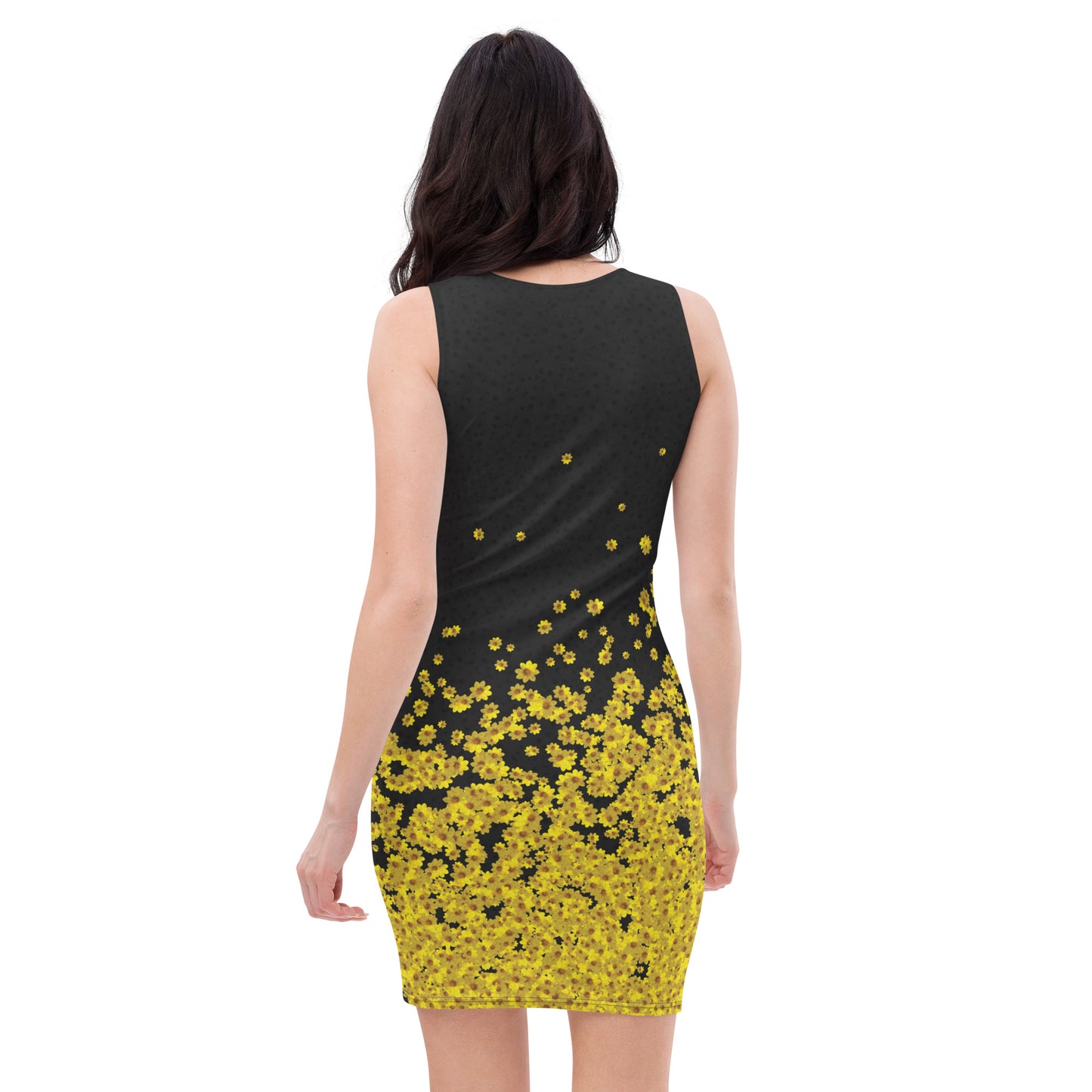 Adey Abeba | Yellow Daisy Flower All-Over Print Fitted Short Dress - Black - bukulu