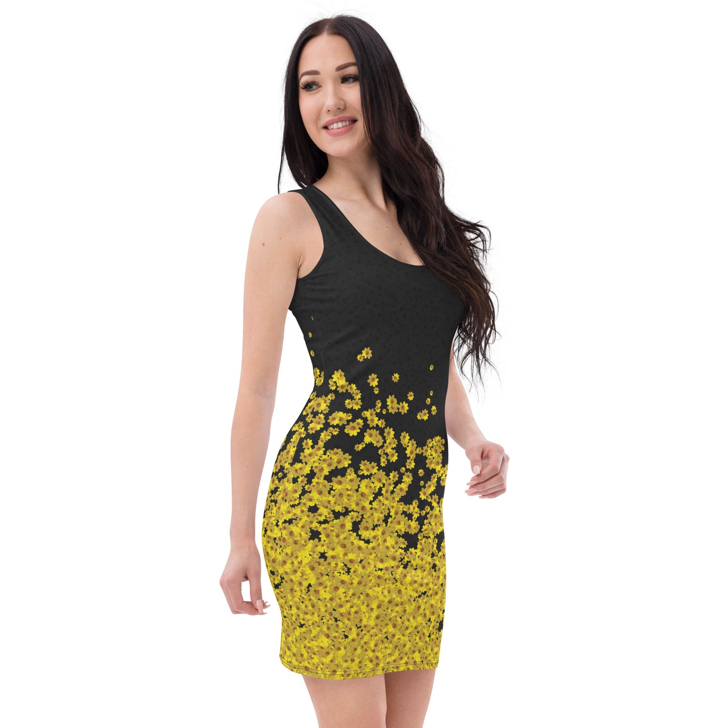 Adey Abeba | Yellow Daisy Flower All-Over Print Fitted Short Dress - Black - bukulu