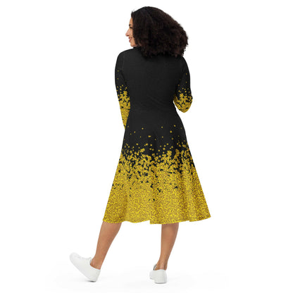 Adey Abeba | Yellow Daisy Flower All-Over Print Long Sleeve Midi Dress - Black - bukulu