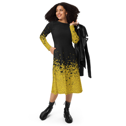 Adey Abeba | Yellow Daisy Flower All-Over Print Long Sleeve Midi Dress - Black - bukulu