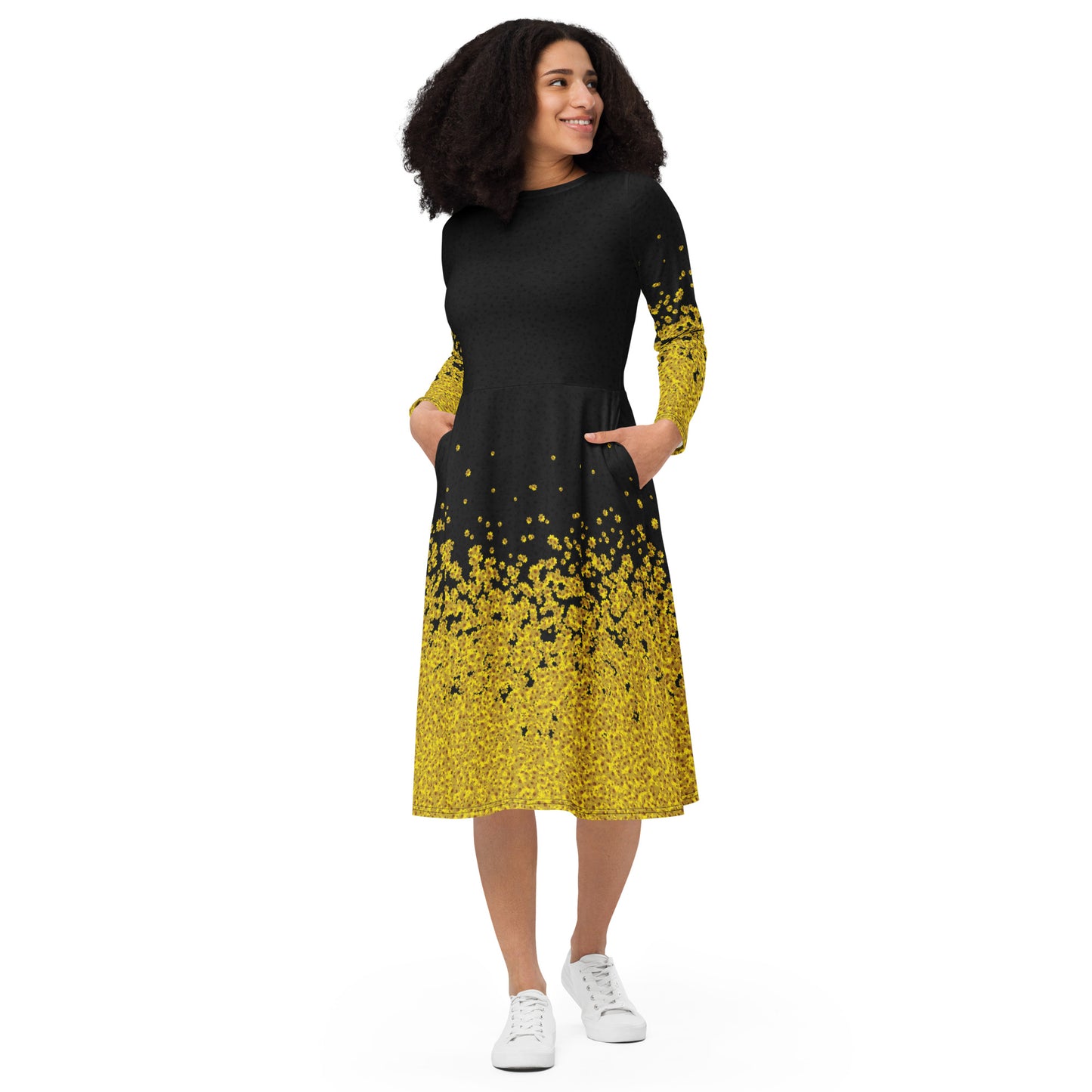 Adey Abeba | Yellow Daisy Flower All-Over Print Long Sleeve Midi Dress - Black - bukulu