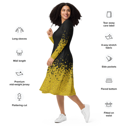 Adey Abeba | Yellow Daisy Flower All-Over Print Long Sleeve Midi Dress - Black - bukulu