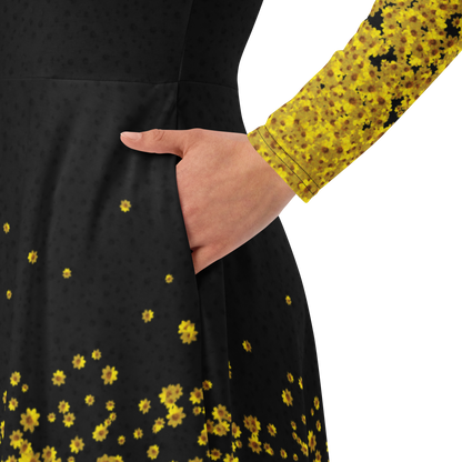 Adey Abeba | Yellow Daisy Flower All-Over Print Long Sleeve Midi Dress - Black - bukulu