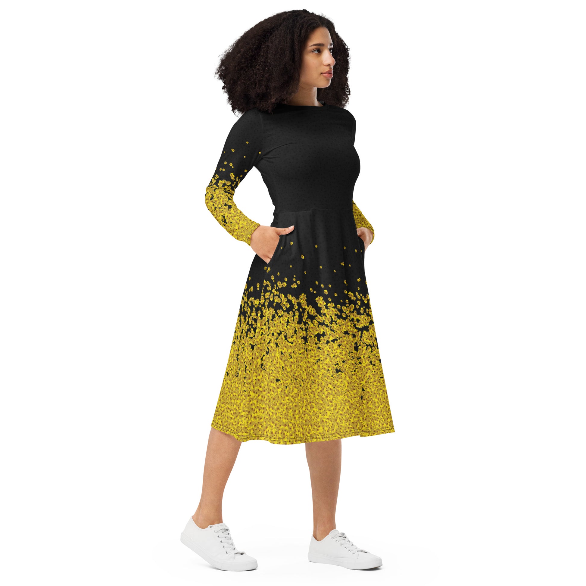 Adey Abeba | Yellow Daisy Flower All-Over Print Long Sleeve Midi Dress - Black - bukulu