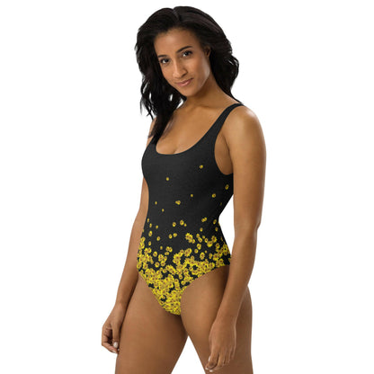 Adey Abeba | Yellow Daisy Flower All-Over Print One-Piece Swimsuit - Black Womens - bukulu