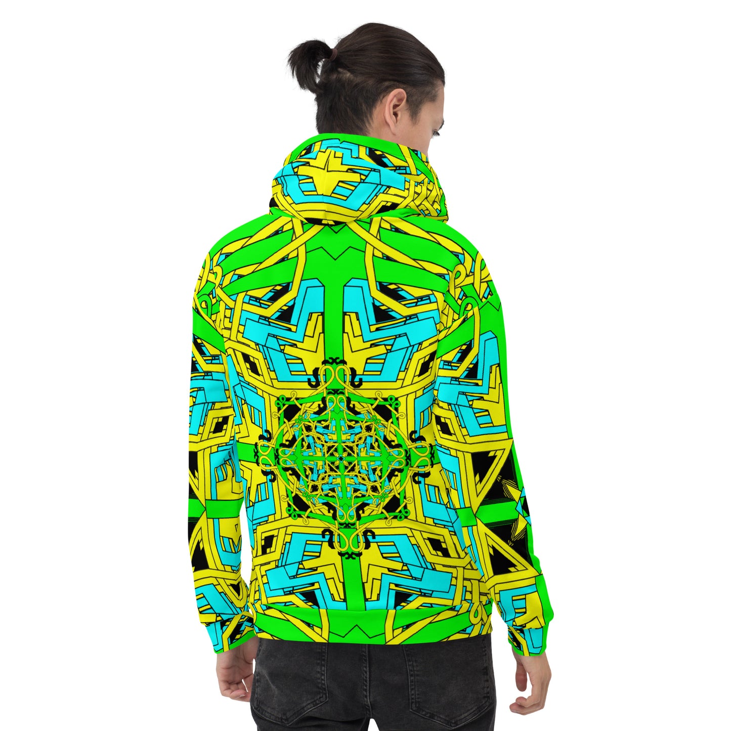 Oversized Geometric Crosses All-Over Print Hoodie Yellow, Green & Turquoise Unisex - bukulu
