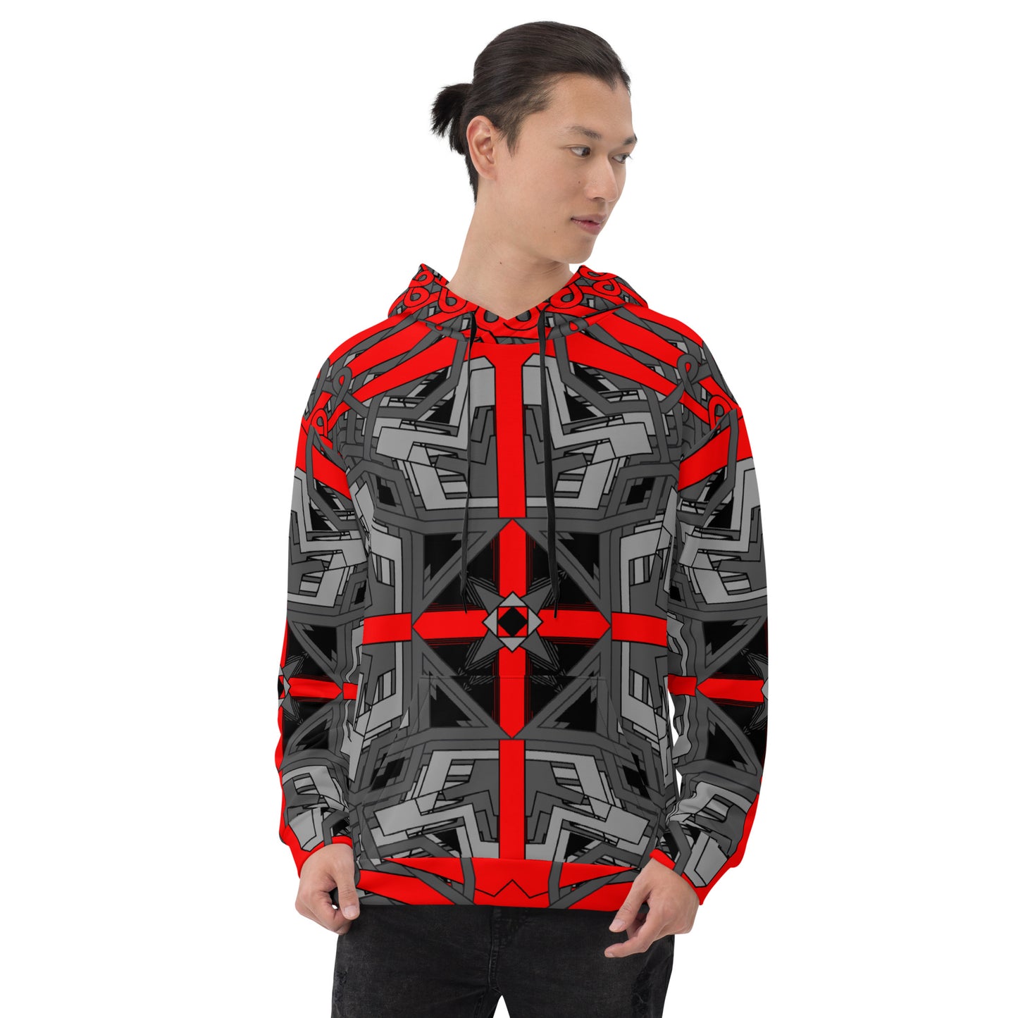 Oversized Geometric Shape Crosses All-Over Print Hoodie Red, Black & Grey Unisex