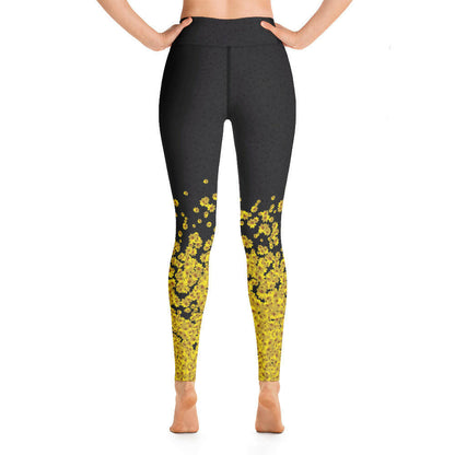 Adey Abeba | Yellow Daisy Flower All-Over Print Yoga Leggings - Black Womens - bukulu