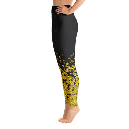 Adey Abeba | Yellow Daisy Flower All-Over Print Yoga Leggings - Black Womens - bukulu