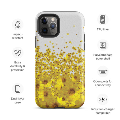 Floral Tough iPhone Case - Light Grey and Yellow, Yellow Daisy Flower All-Over-Print iPhone Case, Yellow iPhone Case, Grey and Yellow iPhone Case - bukulu