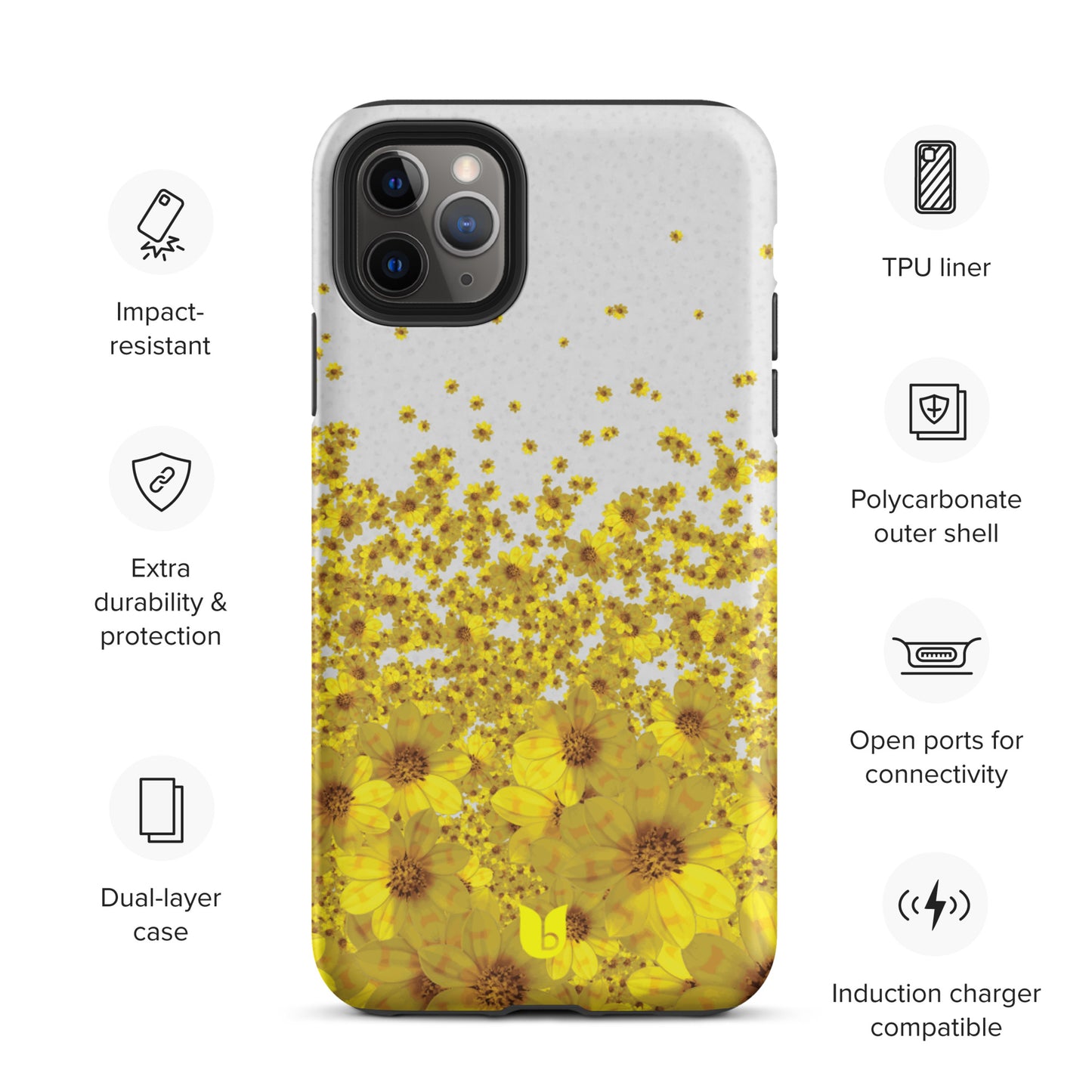 Floral Tough iPhone Case - Light Grey and Yellow, Yellow Daisy Flower All-Over-Print iPhone Case, Yellow iPhone Case, Grey and Yellow iPhone Case - bukulu