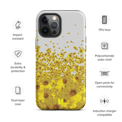 Floral Tough iPhone Case - Light Grey and Yellow, Yellow Daisy Flower All-Over-Print iPhone Case, Yellow iPhone Case, Grey and Yellow iPhone Case - bukulu