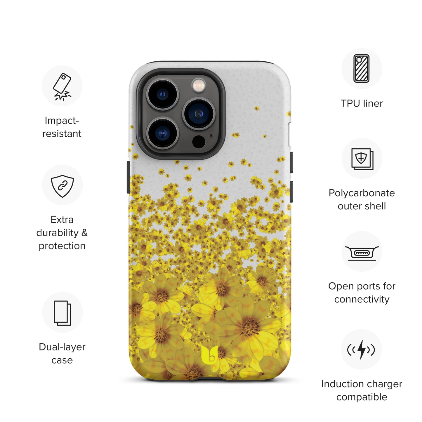 Floral Tough iPhone Case - Light Grey and Yellow, Yellow Daisy Flower All-Over-Print iPhone Case, Yellow iPhone Case, Grey and Yellow iPhone Case - bukulu