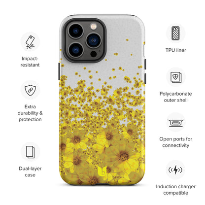 Floral Tough iPhone Case - Light Grey and Yellow, Yellow Daisy Flower All-Over-Print iPhone Case, Yellow iPhone Case, Grey and Yellow iPhone Case - bukulu