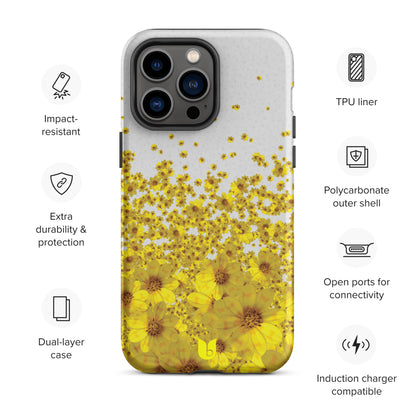 Floral Tough iPhone Case - Light Grey and Yellow, Yellow Daisy Flower All-Over-Print iPhone Case, Yellow iPhone Case, Grey and Yellow iPhone Case - bukulu