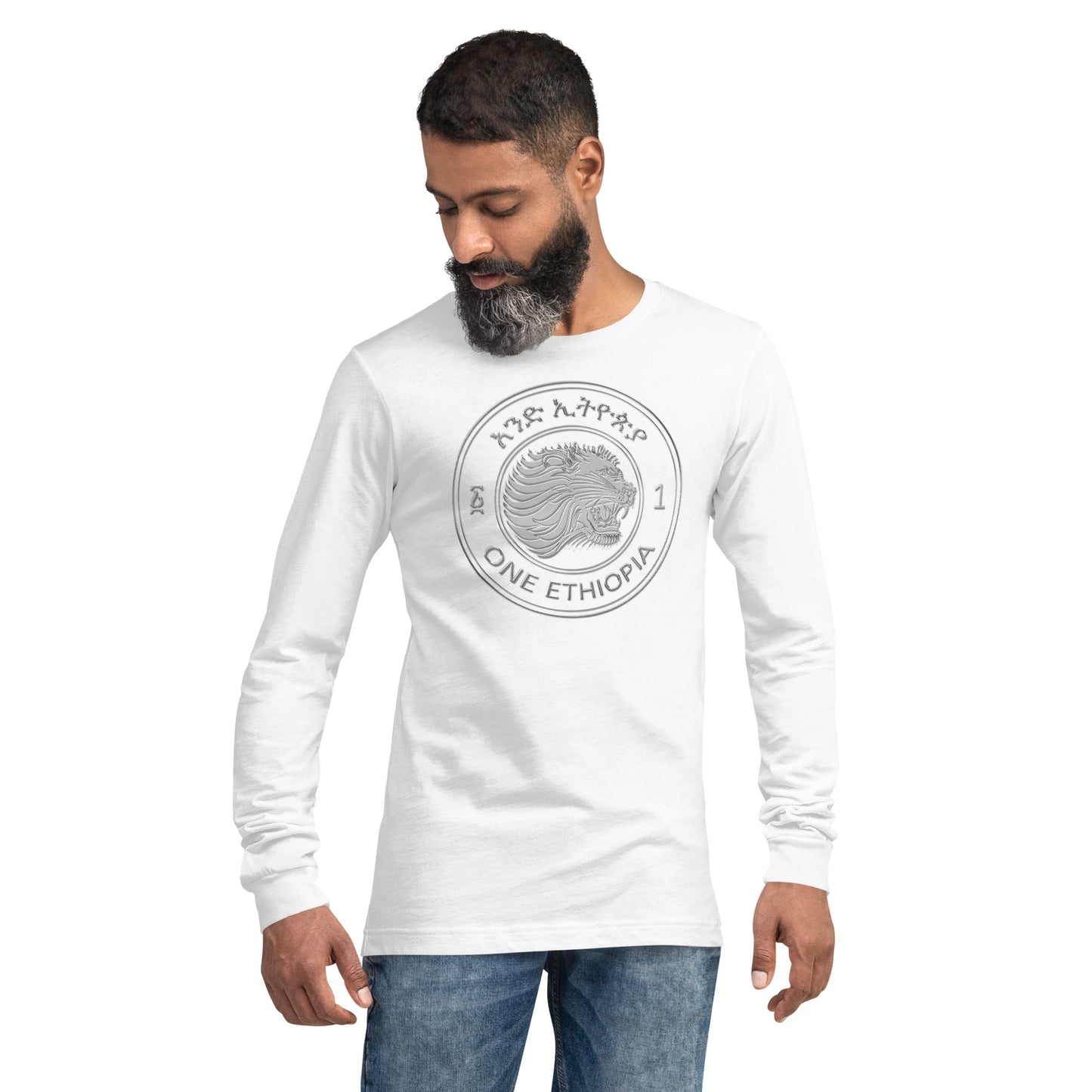 Ethiopian Coin Tee, Lion One Ethiopia Coin Unisex Long Sleeve Tee, Ethiopian 10 Santim PRINTED Tee, Silver Coin with Lion Head Santim Tee - bukulu